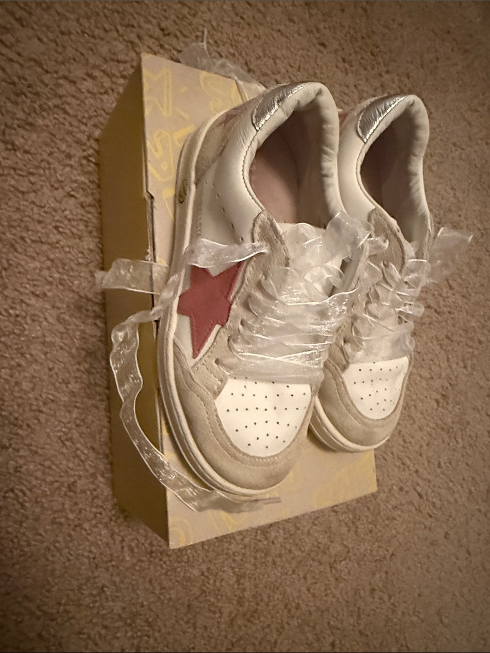 Golden Goose White Leather Sneakers with Pink Star Accent